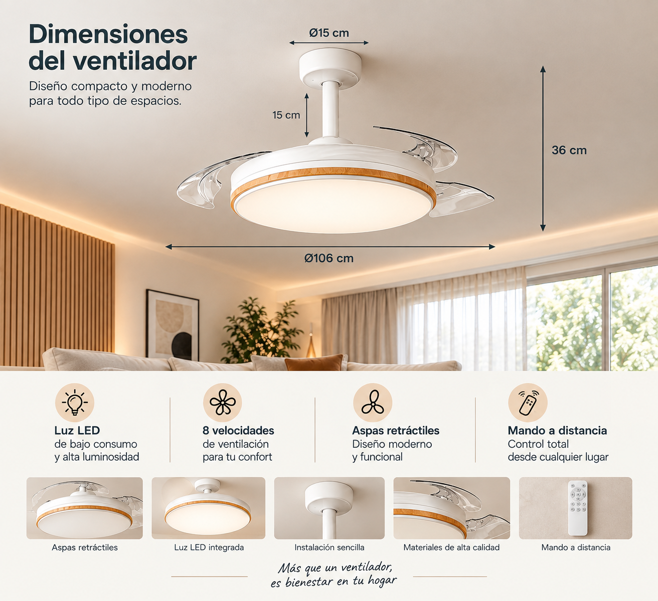 Ventilador de techo con luz LED, 8 velocidades y aspas retráctiles