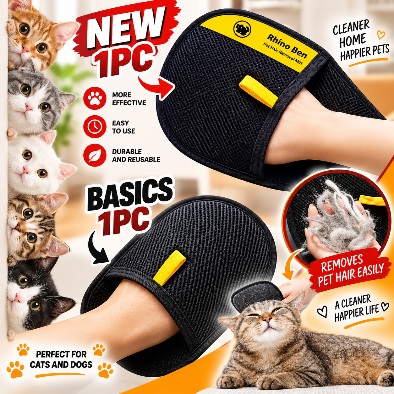 Pet hair cleaning and collection gloves — double-sided grooming tool