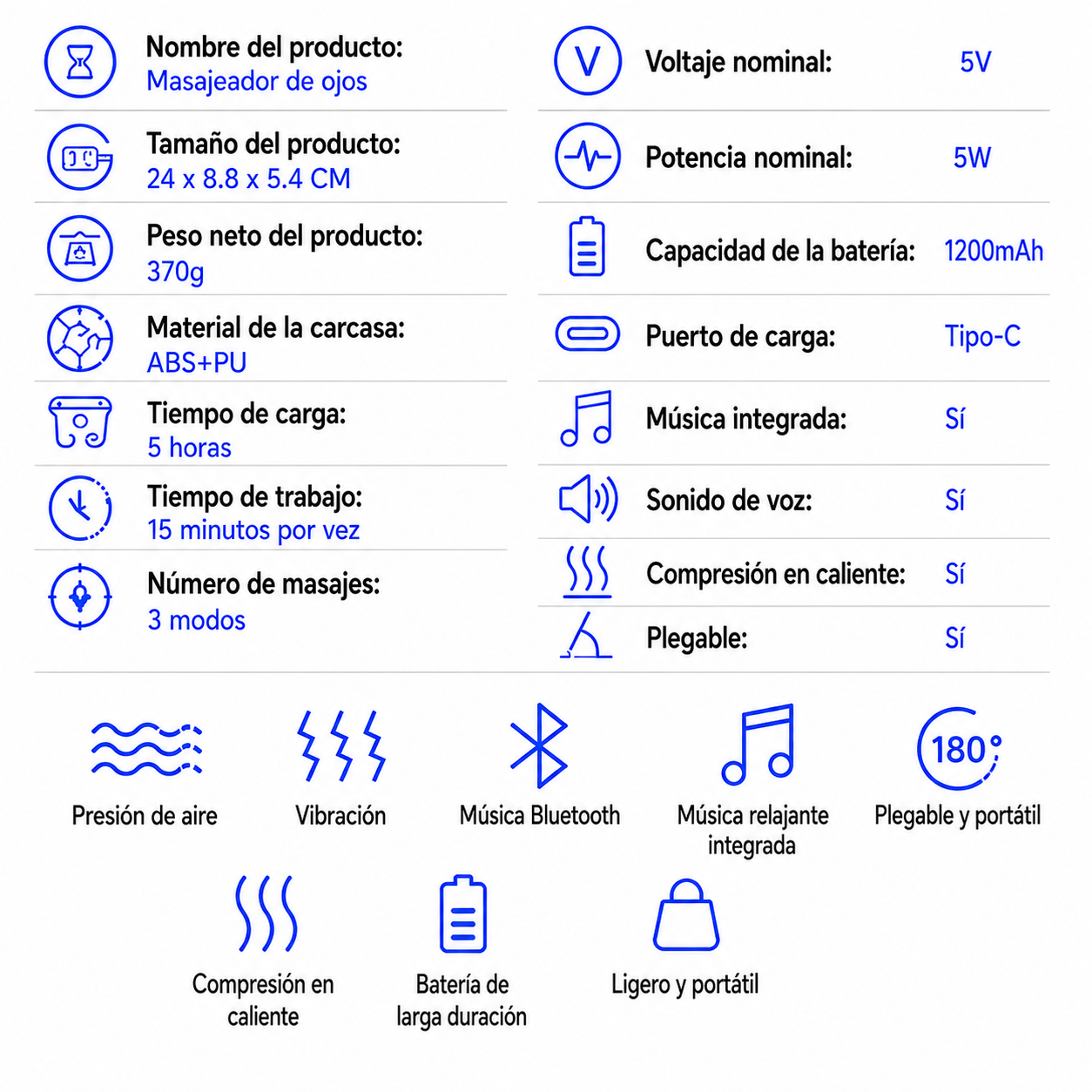 **Masajeador Ocular Inteligente con Compresión de Aire, Calor y Música Bluetooth**