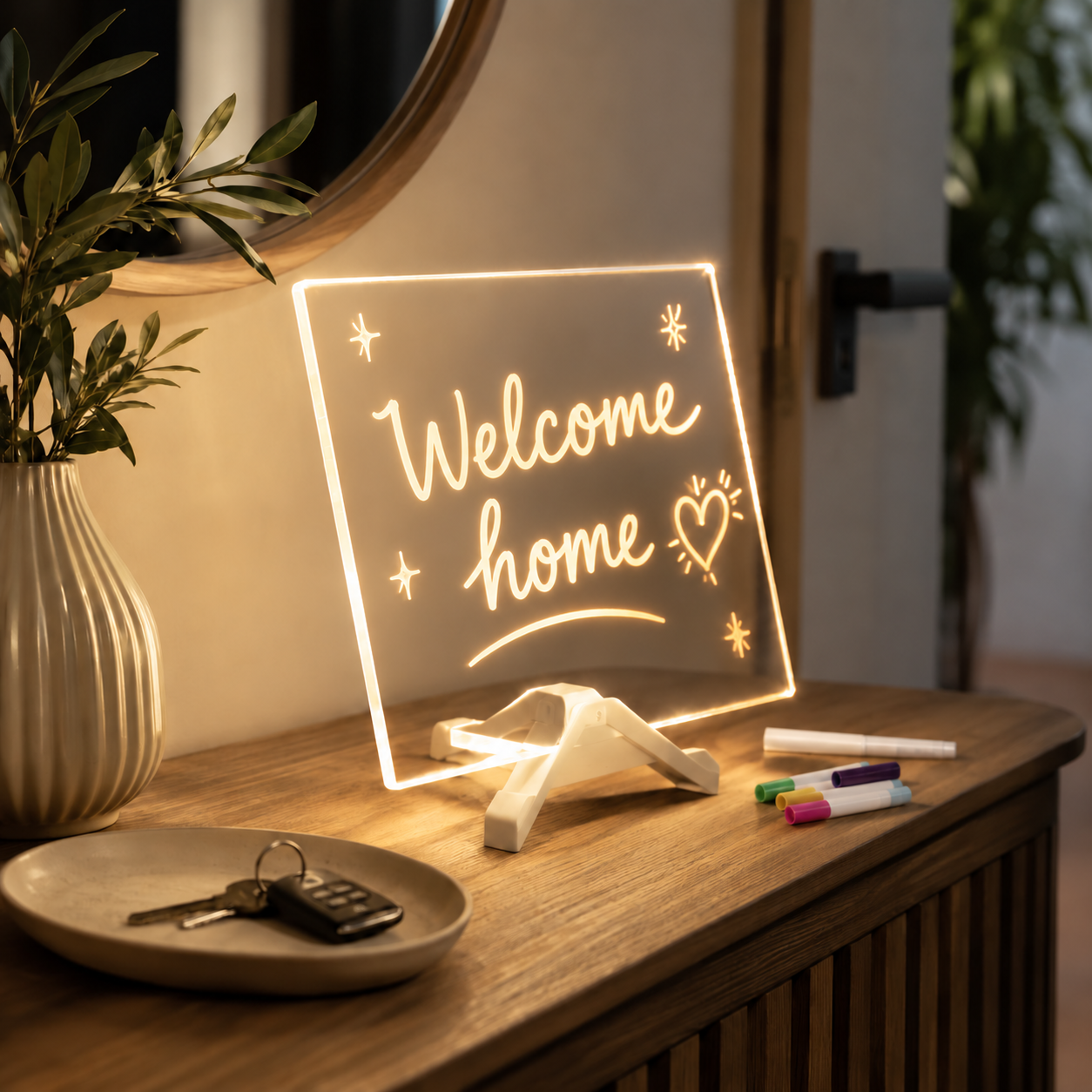 Light-up acrylic message board with 7 colorful pens