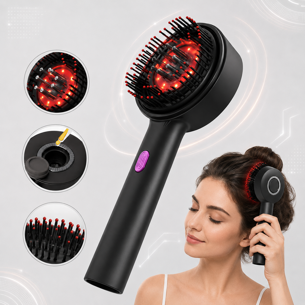Masajeador Capilar 3 en 1 con Luz Roja LED y Aplicador de Sérum